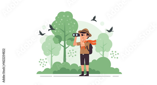 Boy Scout Using Binoculars Discovering Wildlife Adventures In Nature Scene