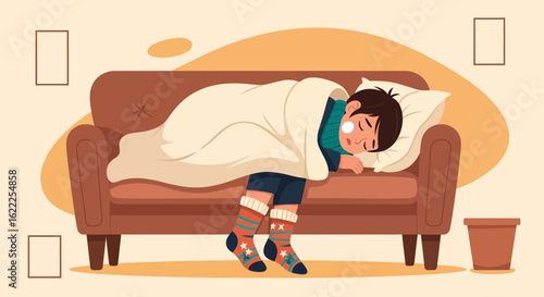 Boy Sick At Home Resting on the Couch While Recovering From Illness