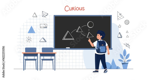 Boy Standing Near Blackboard Exploring Geometric Shapes in Classroom Environment