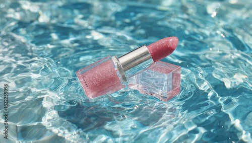 Pink lipstick on rippled water, crystal case