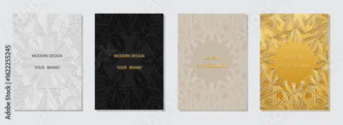 Set of covers, vertical templates. Collection of geometric backgrounds with tribal abstract pattern. Mandala, arabesques, logo. Embossed 3D ornaments, ethnicity of the East, Asia, India, Mexico, Aztec