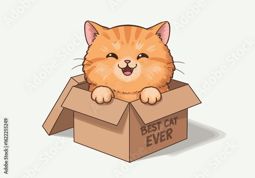 Adorable orange tabby cat smiling from cardboard box proclaims Best Cat Ever in sweet illustration