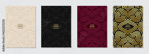 Set of covers, vertical templates. Collection of geometric backgrounds with tribal exotic pattern. Mandala, arabesques, logo. Embossed 3D ornaments, ethnicity of the East, Asia, India, Mexico, Aztec.