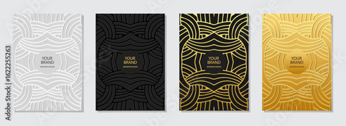 Set of covers, vertical templates. Collection of geometric backgrounds with tribal original pattern. Mandala, arabesques, logo. Relief 3D ornaments, ethnicity of the East, Asia, India, Mexico, Aztec.
