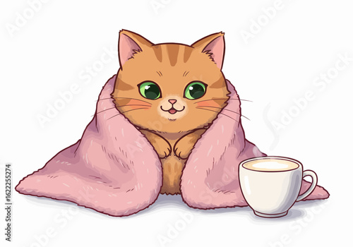 Adorable ginger tabby cat snuggled in a warm blanket enjoying a steaming cup of coffee, so cozy