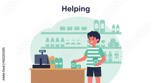 Boy Volunteering At Food Bank Organizing Grocery Items On Countertop Shelves