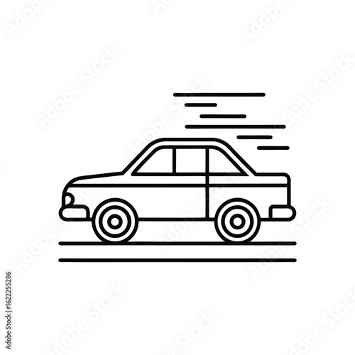 Simple line art icon of a car driving fast A minimalist black and white line drawing of a car in motion, with speed lines indicating fast movement.