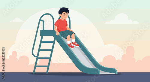 Boy With Sad Expression On A Playground Slide In Summer Time Cartoon