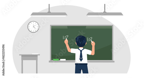 Boy Writes on Chalkboard in Classroom Illustration Back to School