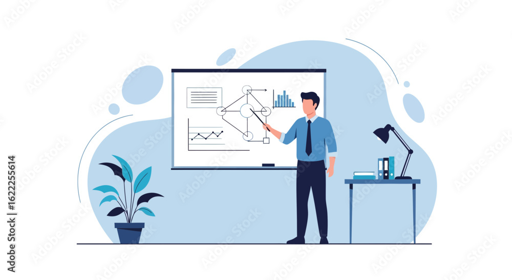 Fototapeta premium Business Presentation With A Man Explaining Data On Whiteboard In The Office