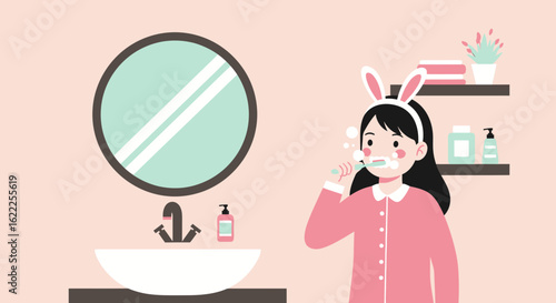 Bunny Eared Girl Brushing Her Teeth In The Bathroom For Oral Care