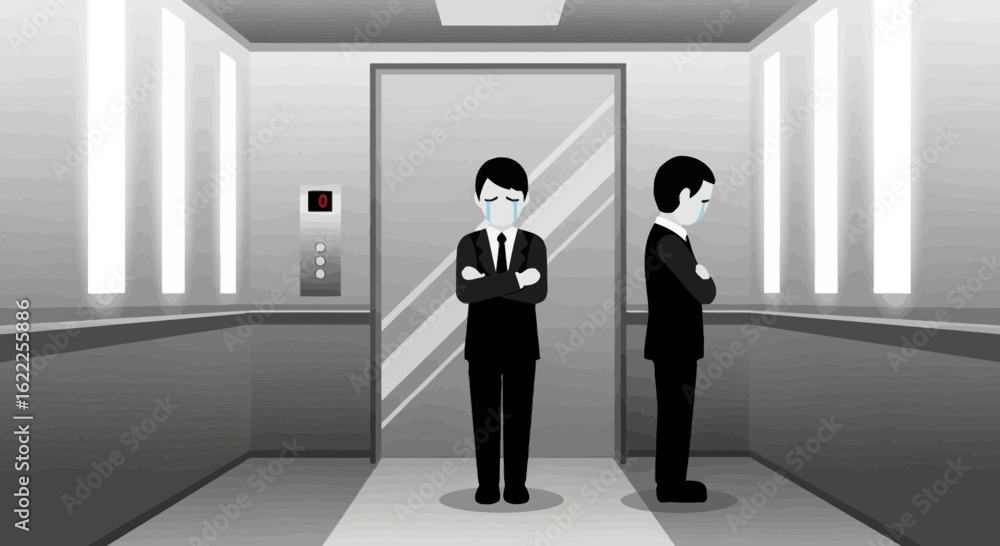 Fototapeta premium Businessmen Feel Regret In The Elevator Due To Crisis Or Failures