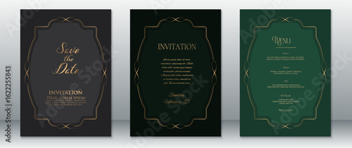 Luxury wedding invitation set featuring elegant gold frames on black, dark green, and emerald backgrounds. Includes Save the Date, Invitation, and Menu designs with classic typography.