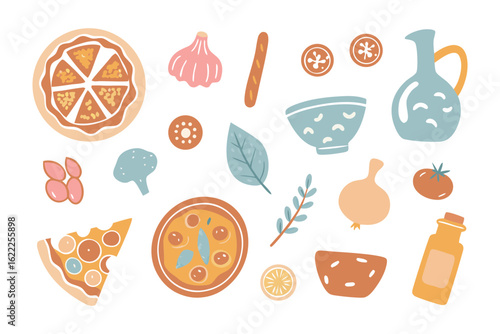 Delicious Pizza and Ingredients: A vibrant illustration featuring various ingredients and slices of delicious pizza, a tempting culinary creation.