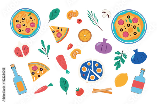 Pizza and its components: A vibrant flat lay showcasing a variety of pizzas and their fresh ingredients in a delicious and appetizing display. 