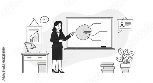 Businesswoman Explaining Graph At Office Presentation In Minimalist Outline Style