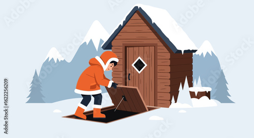 Cabin Access Through Hidden Entrance In Snowy Landscape With Mountains Backdrop