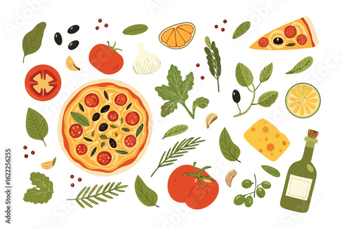 Delicious Pizza & Ingredients: An appetizing array of pizza and fresh ingredients, with a top-down perspective, creating a delightful, culinary experience. 