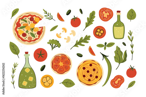 Pizza ingredients in a flat lay: A vibrant and appetizing flat lay featuring various pizza ingredients artfully arranged, highlighting the freshness and quality of each element.