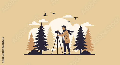 Capturing Nature A Minimalist Illustration Of A Photographer In The Woods