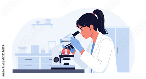 A female scientist in a lab coat and gloves uses a microscope to analyze human lungs in a laboratory.