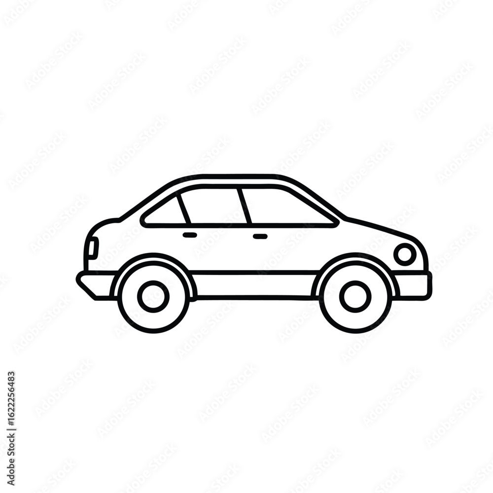 Obraz premium Simple outline drawing of a modern sedan car A minimalist black and white line art illustration of a four-door sedan viewed from the side. The car has two doors and two windows.