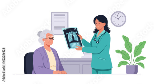 A female doctor explains a lung x-ray to an elderly woman during a medical consultation in an office.