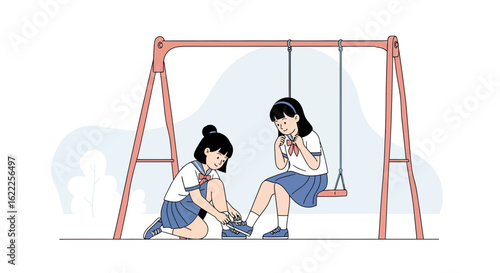 Caring Friend Helps Tying Shoelaces on Playground at School Break Time