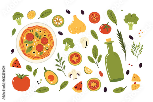 A Culinary Creation: An array of fresh, vibrant ingredients artfully arranged around a delicious pizza, heralding a gastronomic delight and culinary mastery.