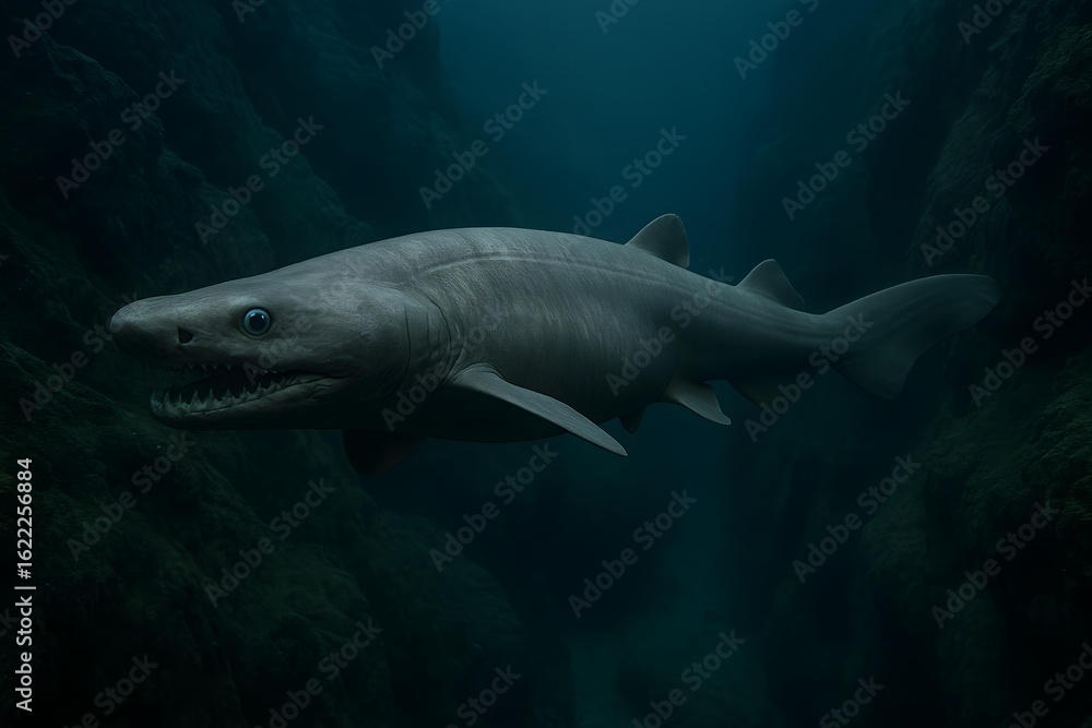 Obraz premium Ancient Frilled Shark Swimming Through Ocean Canyons