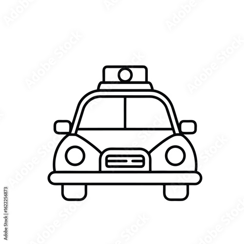 Simple outline icon of a police car  A minimalist black and white line drawing of a police car viewed from the front, featuring a light bar on top.