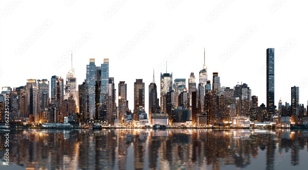 Obraz premium Panoramic view of a city skyline at night, reflecting in the water