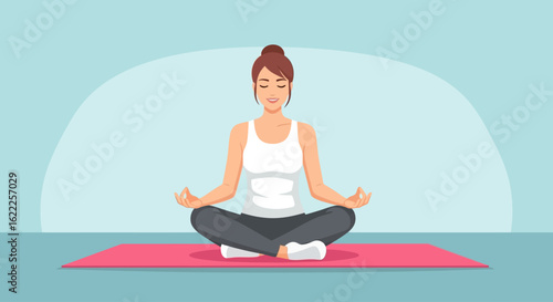 A woman in athletic wear meditates peacefully in a lotus position on a pink yoga mat, embodying calm and mindfulness.