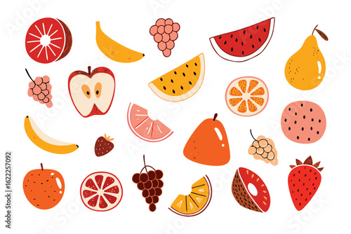 Fresh Fruit Collection: A vibrant assortment of fresh fruits, including sliced apple, banana, grapes, watermelon, and a succulent pear, showcasing a spectrum of healthy, tasty delights. 