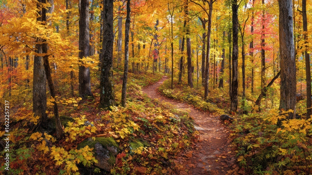 Obraz premium Serene forest scene featuring a winding dirt path amidst trees ablaze with vibrant autumn foliage