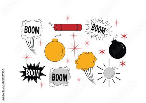 Explosion and Bomb Icon Set Isolated on Transparent Background