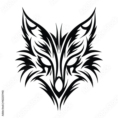 A tribal stylized fox head with sleek black patterns stares forward with wild determination