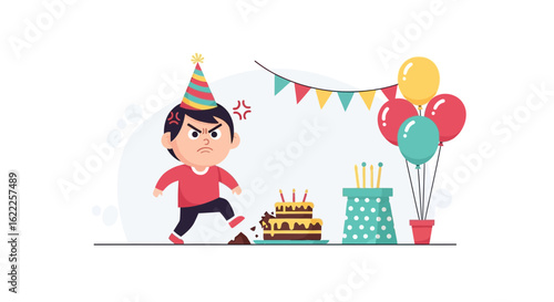 Cartoon Boy Destroying Birthday Cake with Anger on a Festive Celebration