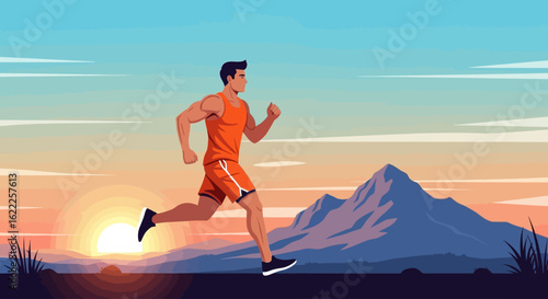 Man jogging at sunset, muscular build, scenic mountain backdrop.