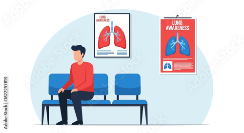A man sits on a blue chair in a waiting room with lung awareness posters on the wall, promoting respiratory health.