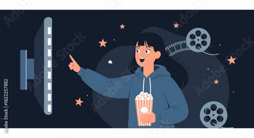 Cartoon Girl Enjoying Movie Night Streaming At Home In Comfort