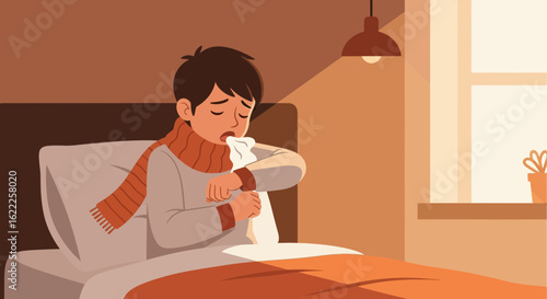 Cartoon Illustration Of A Sick Boy Coughing In Bed Feeling Unwell