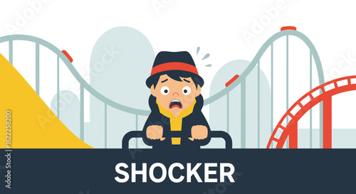 Cartoonish Man Terrified On a Roller Coaster Ride Feeling Shock Fear