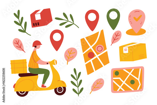 Delivery Icon Set: A stylized illustration featuring a scooter rider navigating through a dynamic array of delivery-themed icons and symbols, maps and location markers.