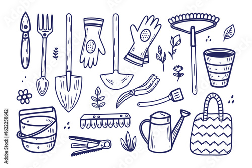 Gardening Tools: An illustration showcasing a collection of essential gardening tools, offering a glimpse into the world of plant care, with hand-drawn style