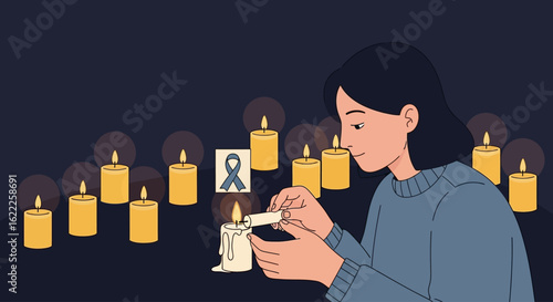 A young woman lights a candle with a match, surrounded by many glowing candles in a dark, somber setting, symbolizing remembrance.
