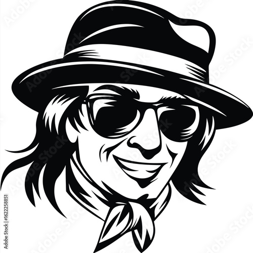 Happy man wearing sunglasses and hat appears in a bold monochrome outline drawing