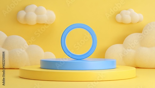 Pastel yellow backdrop with blue podium and clouds