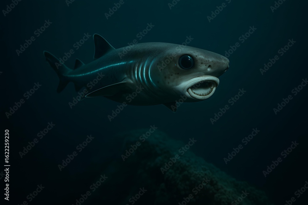 Fototapeta premium Shark Glowing Underwater in Deep Ocean 