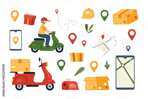 Swift Delivery: An eye-catching illustration captures the essence of swift delivery with a vibrant array of symbols depicting online shopping and timely package arrival.